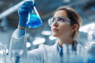 Competent female pharmaceutical researcher examining a blue solution in a laboratory with various glassware and equipment during daylight hours