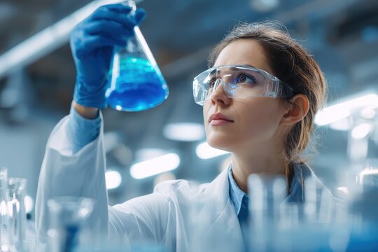 Competent female pharmaceutical researcher examining a blue solution in a laboratory with various glassware and equipment during daylight hours