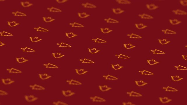 seamless looping of golden outline of Christmas tree shape repeat on a row, slow rotate on red background. Christmas celebration decoration ornament graphic background