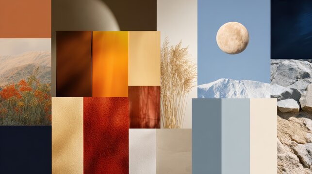 Moodboard collage with warm to neutral color transitions and modern aesthetic, Designer’s workspace surrounded by sketches, fabric swatches, and concept art,Minimal creative studio space filled with 