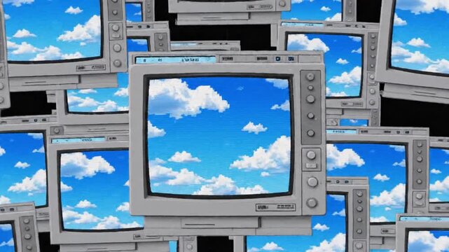 Abstract Representation of Computer Error Featuring Multiple Retro Windows and Sky-Cloud Graphics on Black Background, Alpha Channel Included for Digital Design
