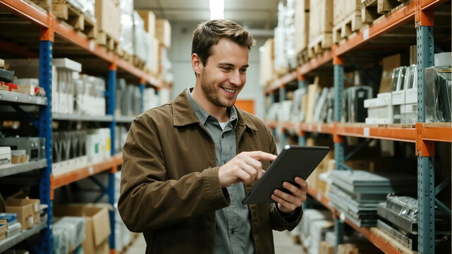 Cheerful man with tablet in hardware store warehouse