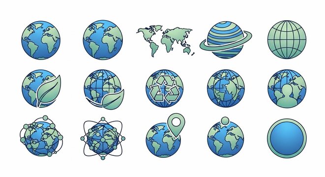 A collection of diverse globe and world map icons, illustrating themes of geography, environment, connectivity, and global presence on a white background.