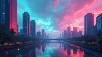 Fototapeta premium City skyline reflected in river at sunset