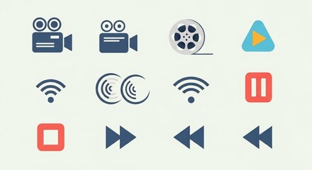 A collection of flat design media player and wireless connectivity icons on a light background.