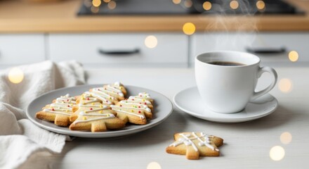 Warm coffee and frosted festive tree cookies with bokeh lights in a cozy kitchen