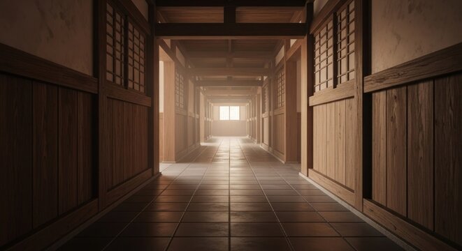 Warm, empty wooden corridor with intricate panels, bright light shining from the far end