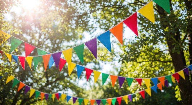 Vibrant triangular bunting strung between green trees with sun flare, festive outdoor scene - Powered by Adobe