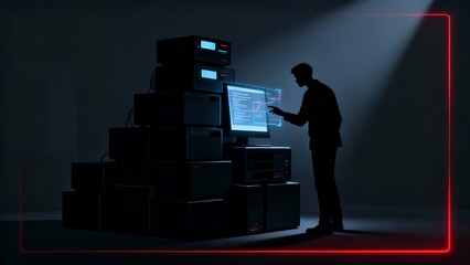 Generative AI man interacting with digital data on futuristic screen.