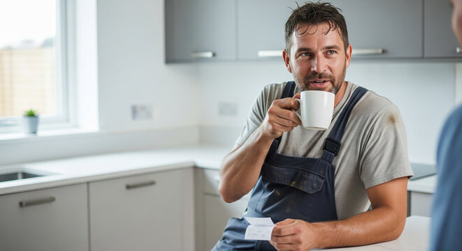 Plumber taking a break in modern kitchen - Powered by Adobe