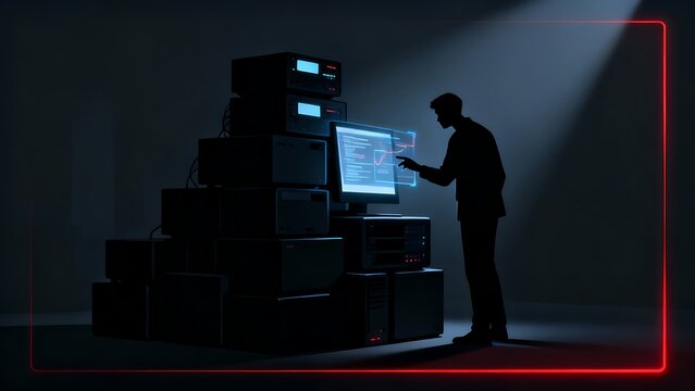 Generative AI man interacting with digital data on futuristic screen.