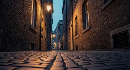 Warmly lit historic cobblestone alleyway flanked by tall brick buildings at twilight