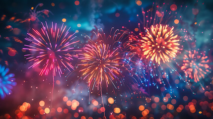 Fototapeta premium Vibrant colorful fireworks exploding in the night sky creating a festive celebration atmosphere