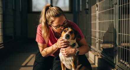 Woman lovingly kisses a tri-color dog, kneeling in an animal shelter