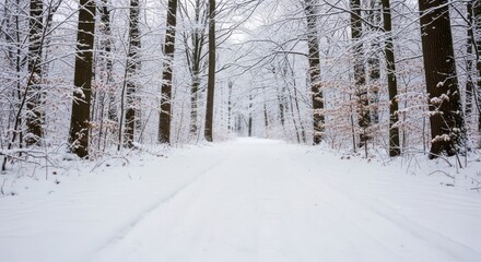Fototapeta premium Wide snow-covered forest path lined by tall, bare trees under a white winter sky