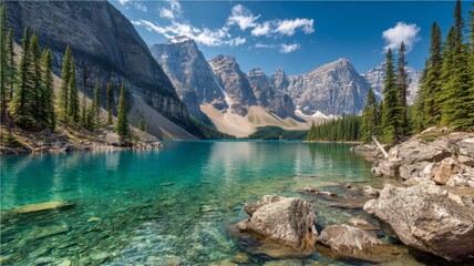 Turquoise glacial waters of moraine lake reflecting rugged peaks of the canadian rockies under a bright summer sky, showcasing a serene alpine landscape with towering mountains, clear blue water, and 