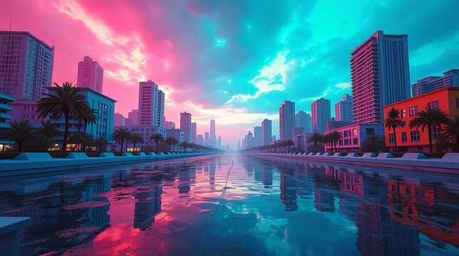 City skyline with canal reflection and palm trees