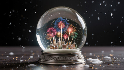 Magical snow globe with fireworks over charming winter village, perfect for holiday promotions, festive cards, and end-of-year celebrations