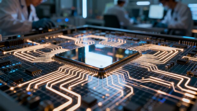 Generative AI microchip network with glowing circuits