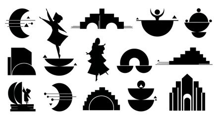 Abstract silhouettes of dancers, buildings, and celestial elements in black and white.