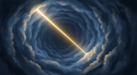 A radiant beam of light pierces through a swirling vortex of dark clouds from a top-down viewpoint.