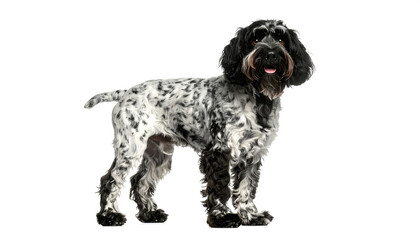 Italian Spinone standing alert with mottled coat on white background