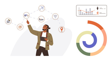 Man using a tablet connects to various elements thumbs up vehicles, buildings, and graphs. Ideal for technology, connectivity, data analysis, management, network innovation and modern solutions. A