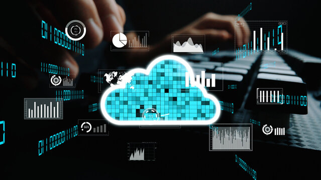This image showcases a conceptual representation of cloud computing with data analysis, featuring various graphical metrics and statistics displayed around a keyboard. Xenic