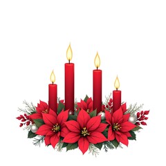 Four red candles lit and surrounded by poinsettia flowers pine branches white and red berries on white background