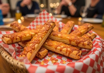 Golden cheese breadsticks served in a basket with red and white checkered liner at a dinner party.
