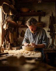 Male carpenter working on a wooden bowl in a warm rustic workshop filled with tools and wood shavings. Concept craftsmanship, skill, creation, handmade work.