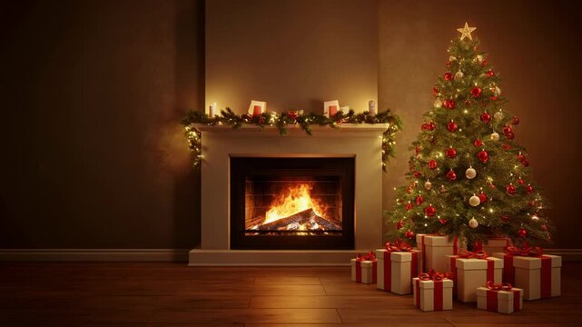 Firefly Cozy Christmas interior with a decorated Christmas tree, glowing fireplace, and neatly arran