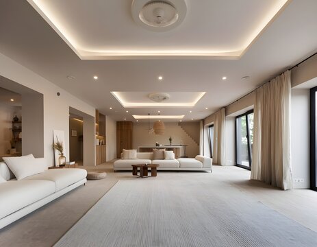 Panoramic 3D perspective of a large, luxurious minimalist living room. Highlights ceiling design with recessed and cove lighting and long white seating. Elegant and bright.