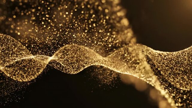 Stunning slow motion visualization of shimmering gold particle dust flowing gracefully, forming abstract energy waveforms across a black void waveform, conceptual, black void