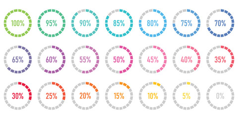 Percentage infographics flat elements. Round diagrams icons for infographics from 0 to 100 percent. Circle graph loading progress templates. Green, grey color fill divided pie charts indicators