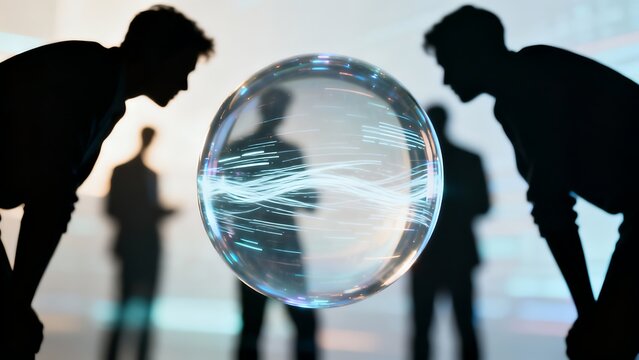 Generative AI people observing a glowing orb with futuristic energy.