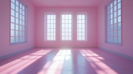 A vibrant pink empty room bathed in natural sunlight streaming through tall windows, creating a serene and minimalist interior with soft shadows and an ethereal, tranquil atmosphere