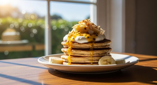 Stack of fluffy pancakes topped with whipped cream, passion fruit sauce, banana and coconut flakes