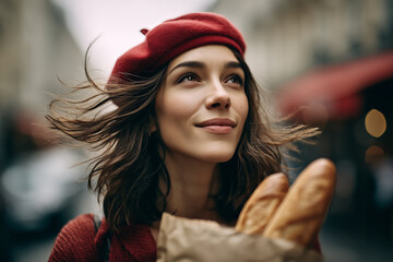 Junge Frau mit rotem Barett in Paris – französischer Lifestyle mit Baguette
