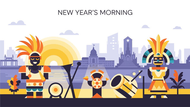 A serene yet energetic flat design illustration capturing the dawn of New Year's Morning over Nassau, infused with abstract Junkanoo elements. 