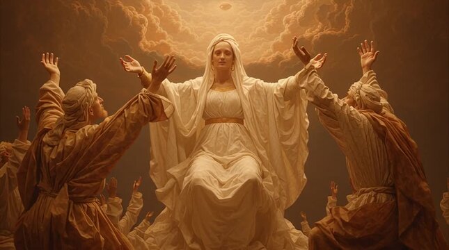 Classical religious art style with warm ochre tones, soft, heavenly light illuminating the scene, evoking reverence, serenity, and sacred atmosphere.