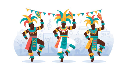 A dynamic flat design illustration showcasing a group of Junkanoo dancers performing in synchronized, energetic motion, adorned in bold, colorful costumes. 