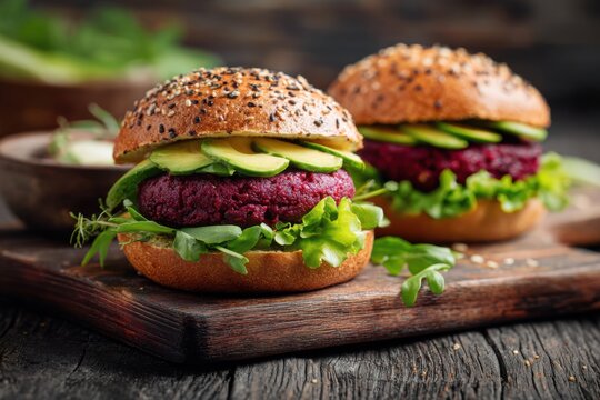 Plant-based burgers with beetroot patties and avocado slices served on wooden board in cozy cafe setting - Powered by Adobe