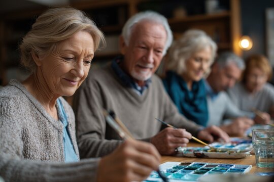 Seniors express creativity through painting in a warm, community-focused studio environment during a weekly art class