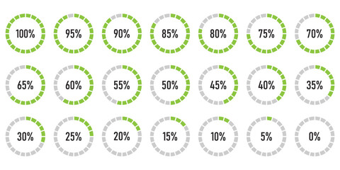 Set of semicircle percentage progress bar diagrams meters from 0 to 100 ready-to-use for web design, user interface UI or infographic - indicator with green
