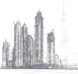 Architectural cityscape sketch of modern skyscrapers against white background view