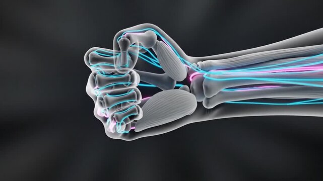 Futuristic X-ray view of a human hand clenching into a fist. 3D animation showing the anatomy of bones