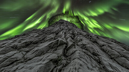 Majestic rocky summit viewed from below, reaching towards the spectacular green celestial dance of the aurora borealis in the night sky