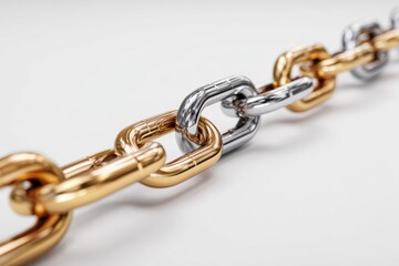 Obraz premium Interconnected chain links representing the concept of blockchain technology in a close-up view, showcasing metallic textures and the idea of digital security