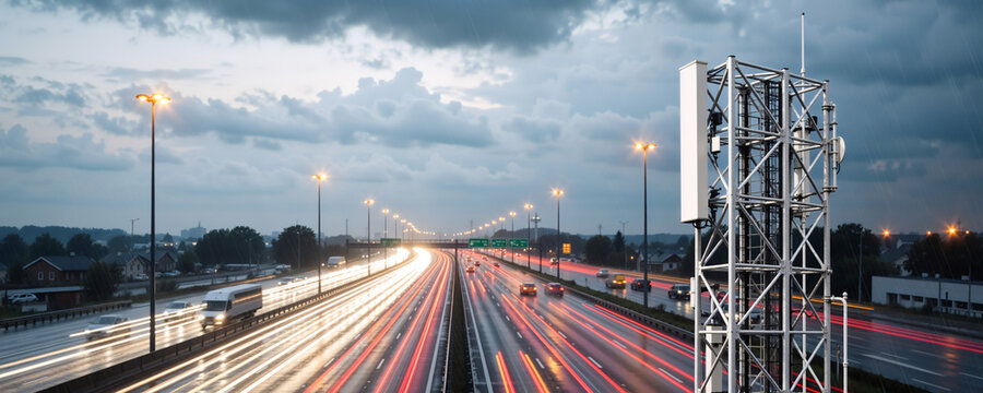 Telecommunications tower with 5G antenna overlooking a busy highway at dusk. Digital network infrastructure and smart city concept with light trails